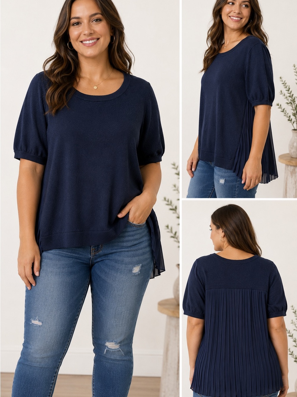 Adrianna Papell Navy Knit Top Pleated Chiffon Back Puff Sleeves M